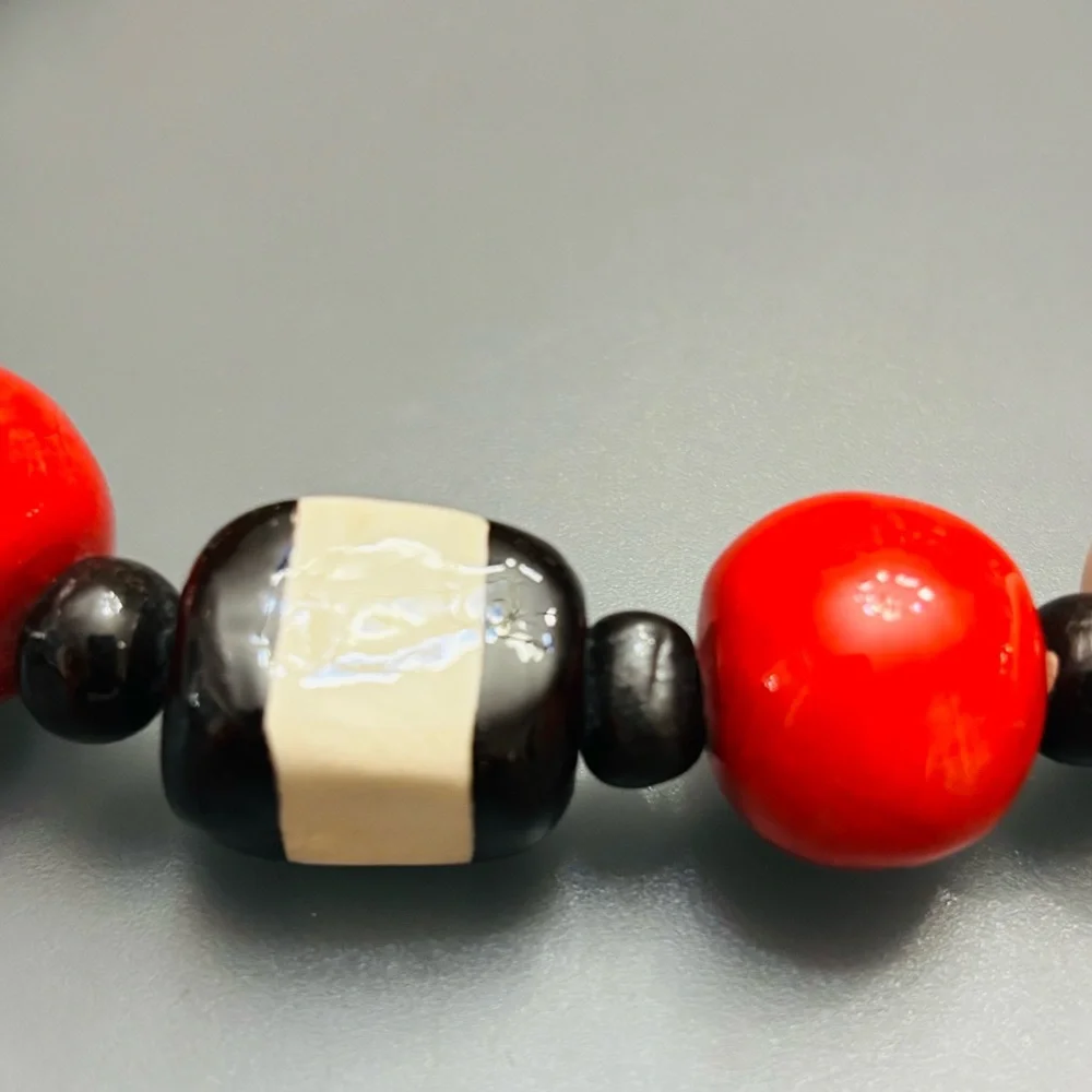 Handmade Ceramic Necklace Chunky Choker Statement VNTG Black Red White marked TK
